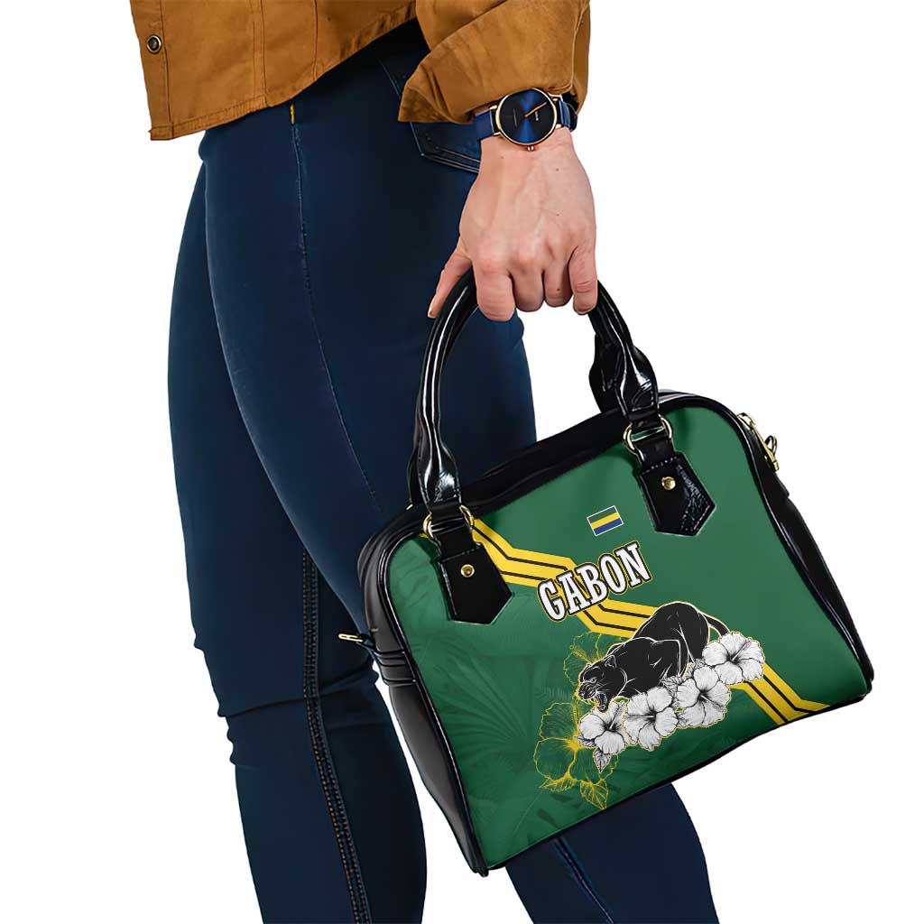 Gabon Shoulder Handbag with Black Panther Graphic and Hibiscus Flower Design in National Colors TS04