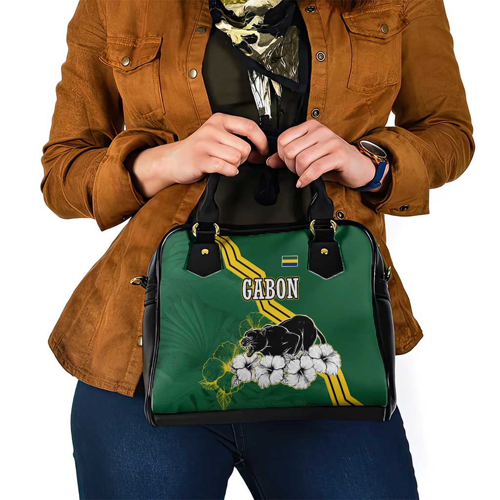 Gabon Shoulder Handbag with Black Panther Graphic and Hibiscus Flower Design in National Colors TS04