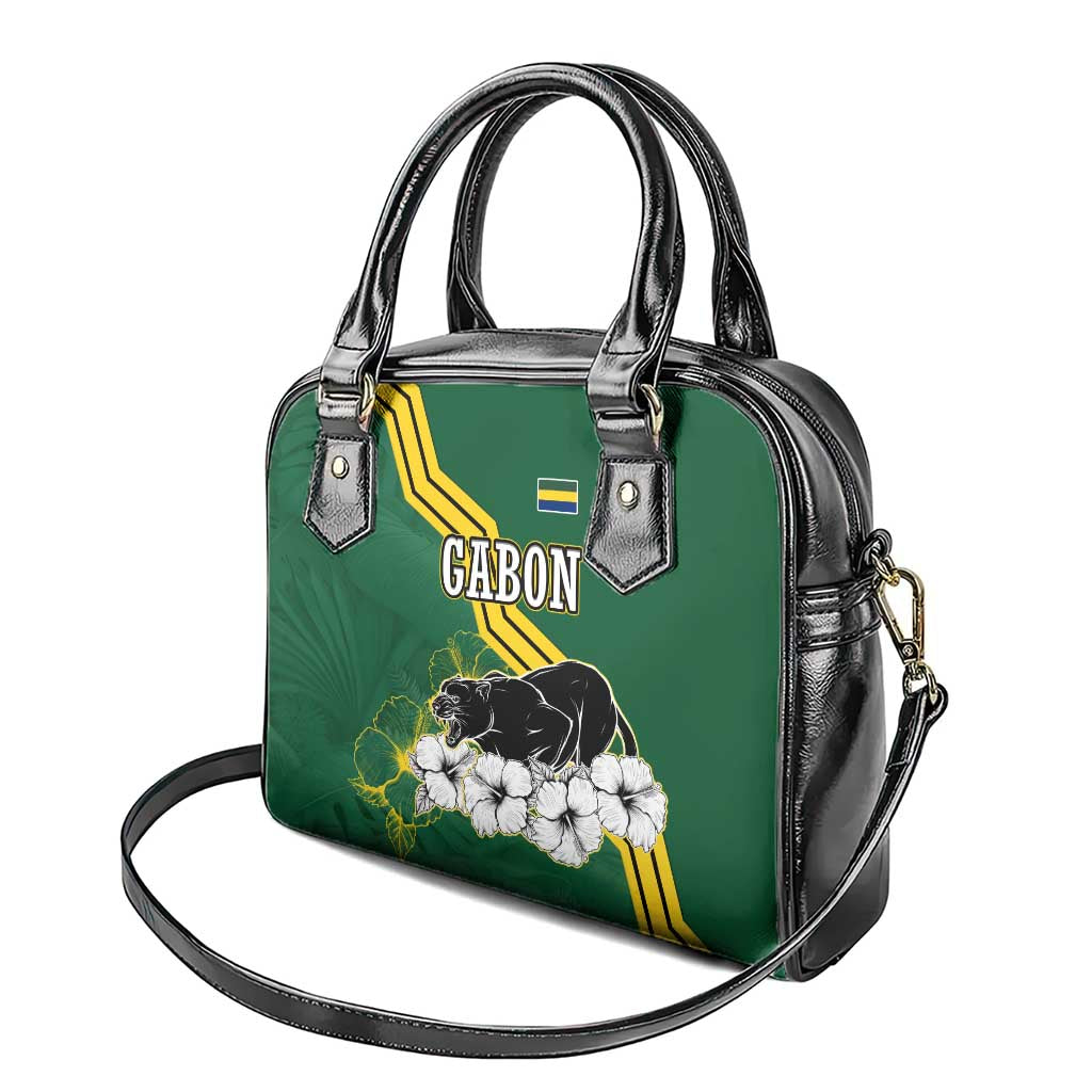 Gabon Shoulder Handbag with Black Panther Graphic and Hibiscus Flower Design in National Colors TS04
