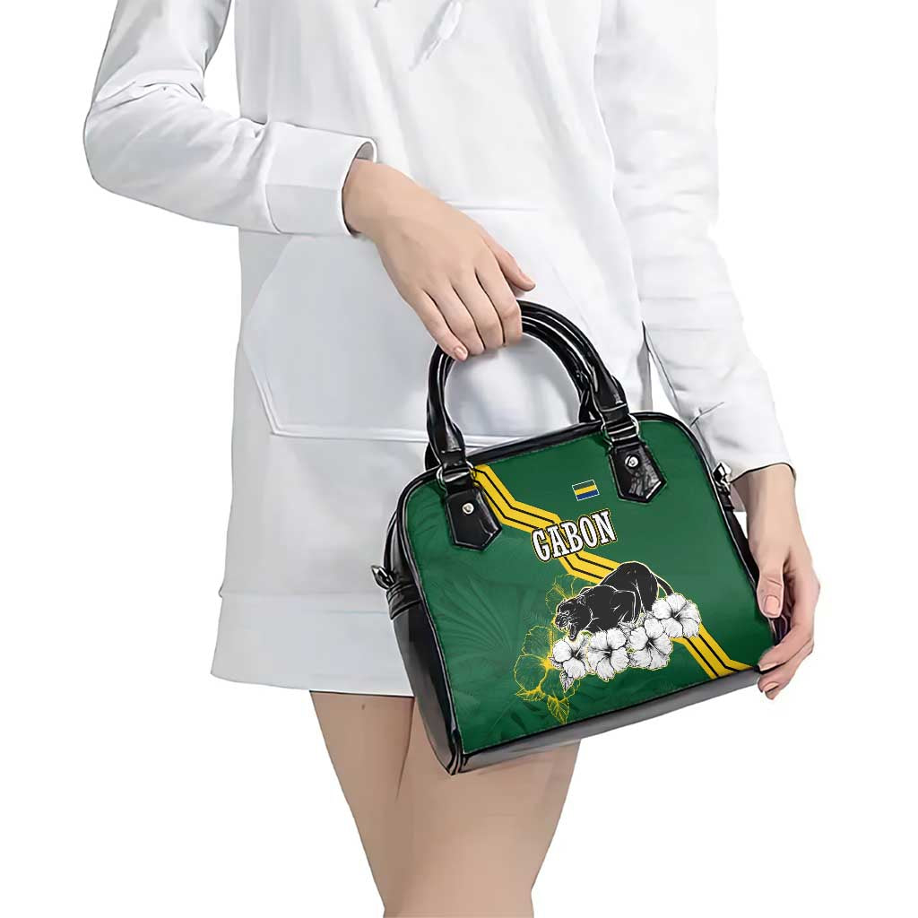 Gabon Shoulder Handbag with Black Panther Graphic and Hibiscus Flower Design in National Colors TS04