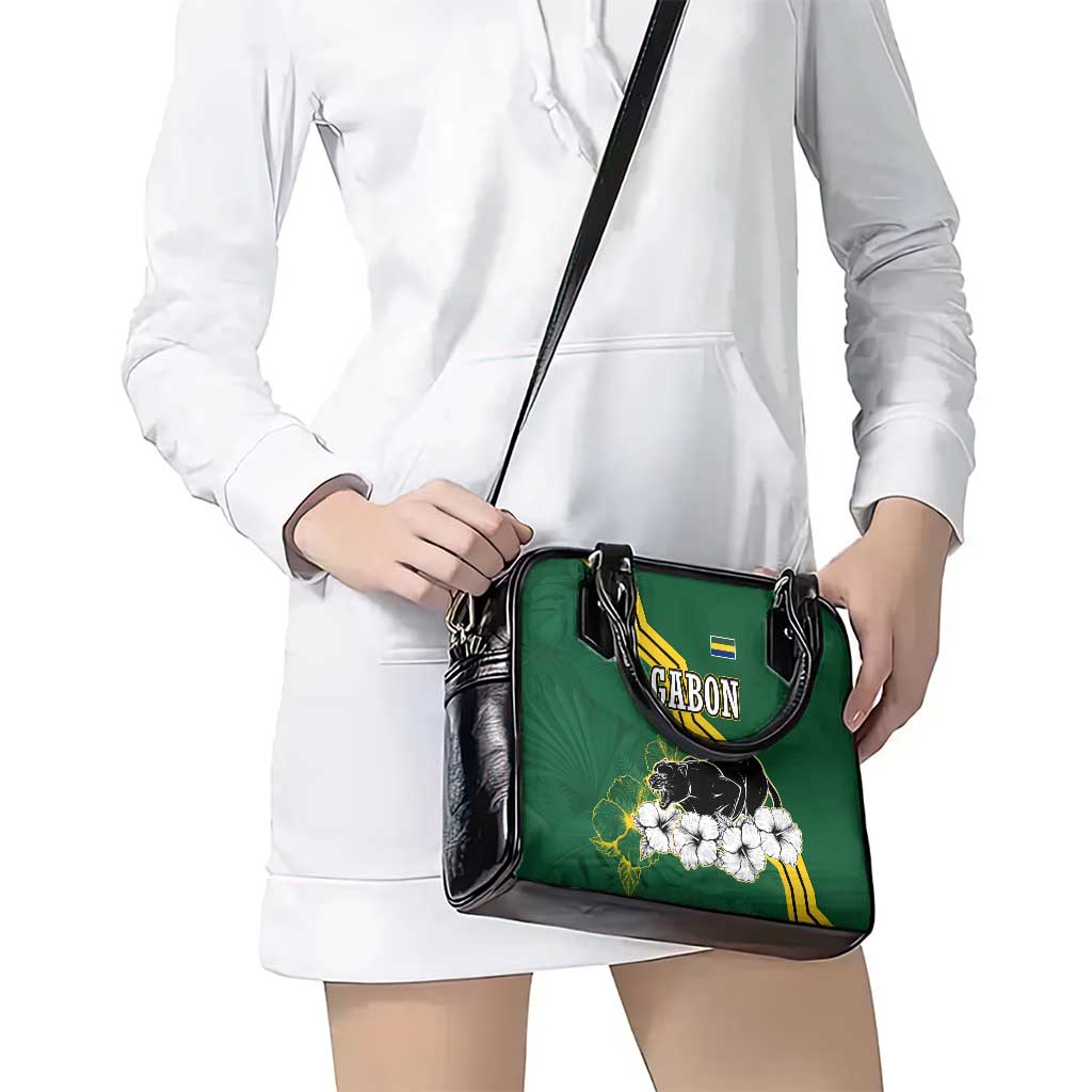 Gabon Shoulder Handbag with Black Panther Graphic and Hibiscus Flower Design in National Colors TS04