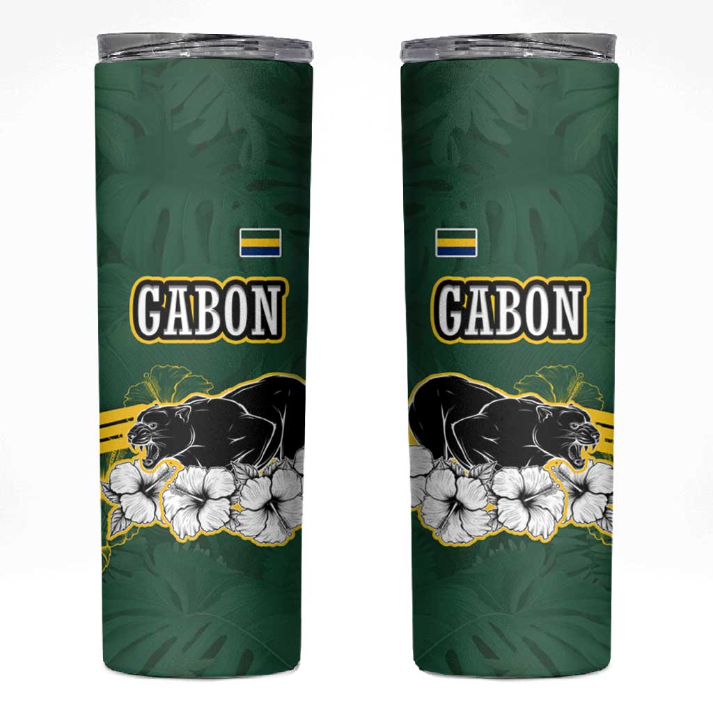 Gabon Skinny Tumbler - Black Panther Graphic and Hibiscus Flower Design in National Colors TS04