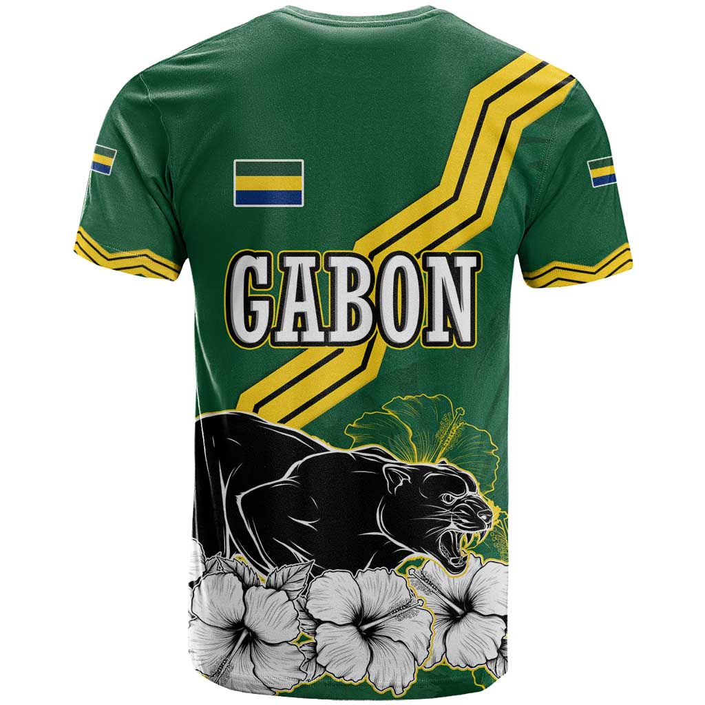 Gabon T shirt - Black Panther Graphic and Hibiscus Flower Design in National Colors TS04