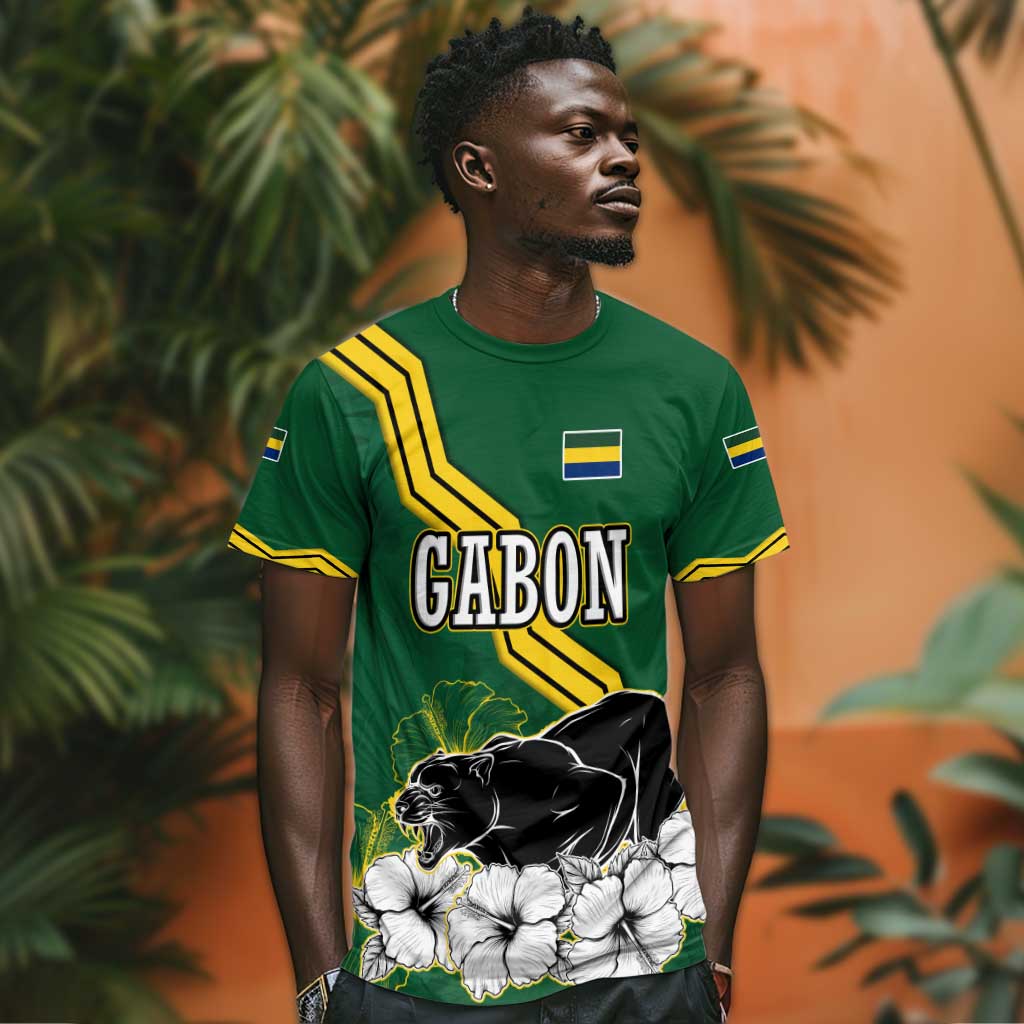 Gabon T shirt - Black Panther Graphic and Hibiscus Flower Design in National Colors TS04