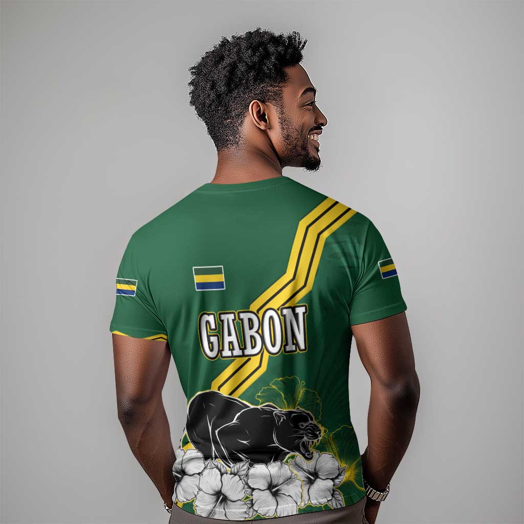 Gabon T shirt - Black Panther Graphic and Hibiscus Flower Design in National Colors TS04