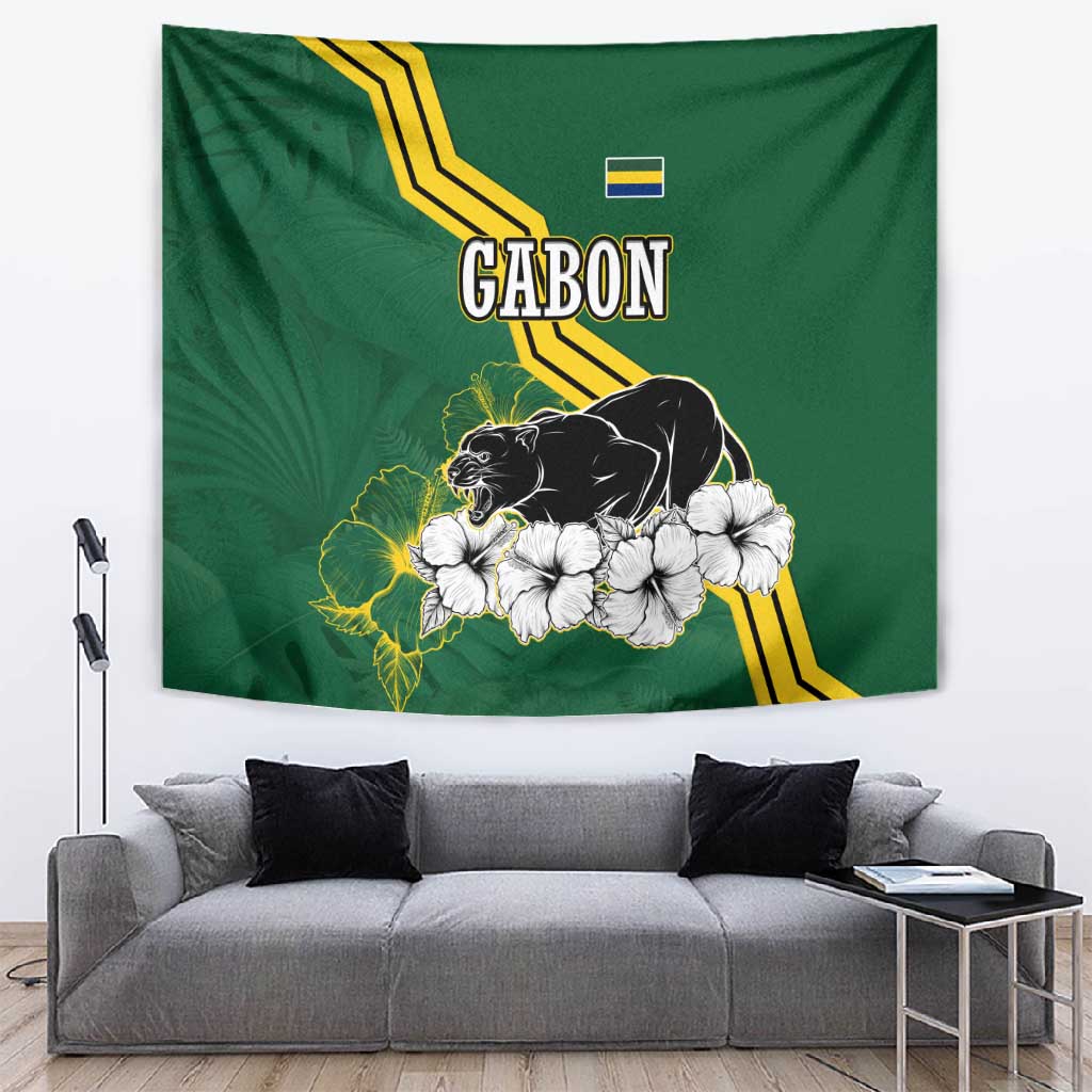 Gabon Tapestry - Black Panther Graphic and Hibiscus Flower Design in National Colors TS04