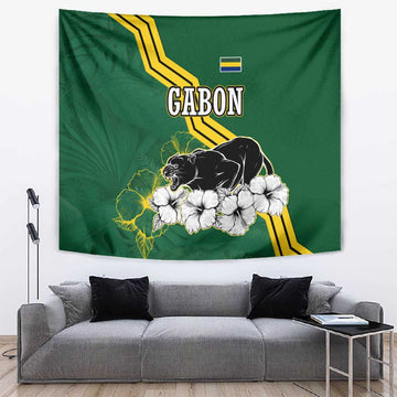 Gabon Tapestry - Black Panther Graphic and Hibiscus Flower Design in National Colors TS04