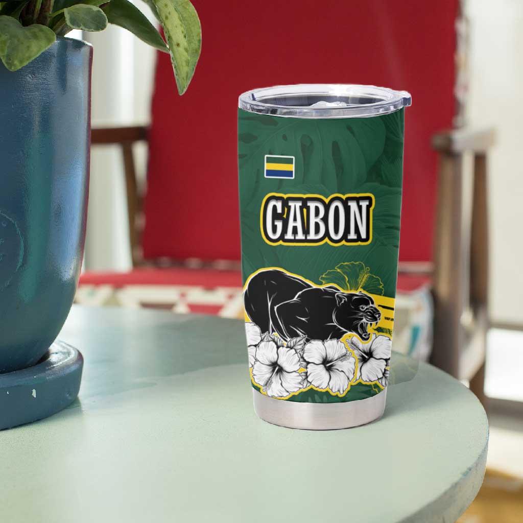 Gabon Tumbler Cup - Black Panther Graphic and Hibiscus Flower Design in National Colors TS04