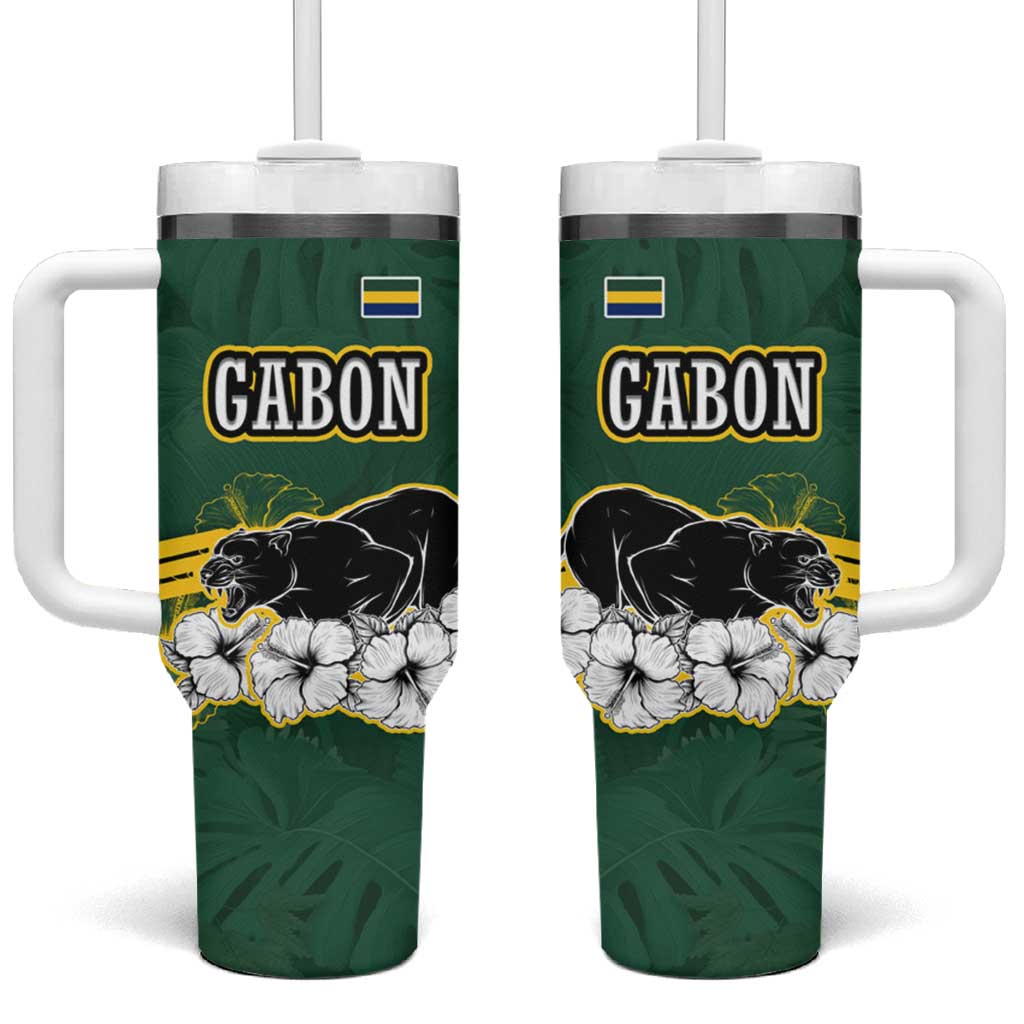 Gabon Tumbler With Handle - Black Panther Graphic and Hibiscus Flower Design in National Colors TS04