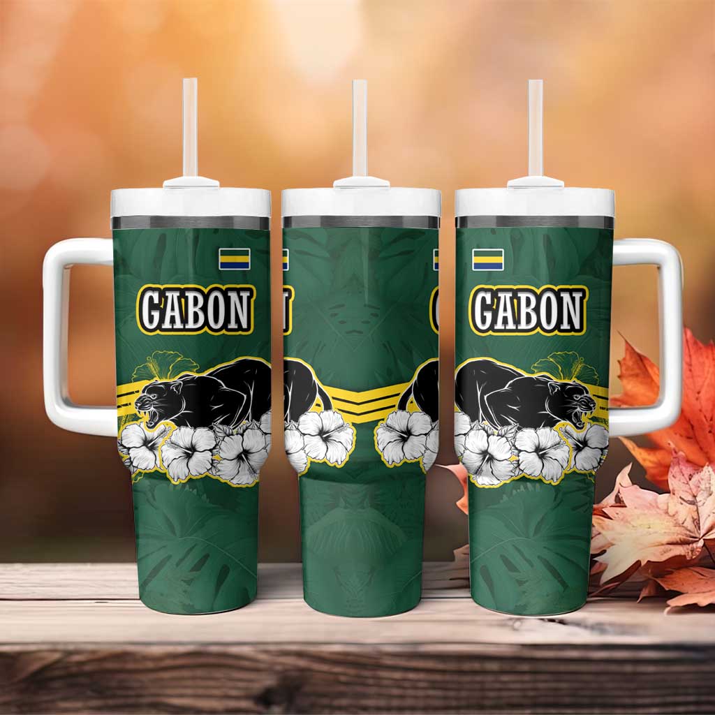 Gabon Tumbler With Handle - Black Panther Graphic and Hibiscus Flower Design in National Colors TS04