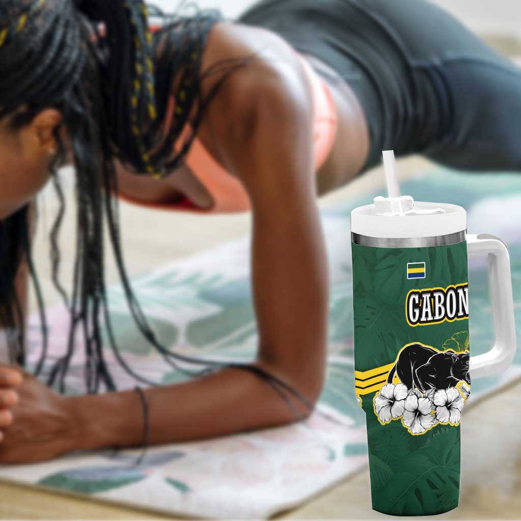 Gabon Tumbler With Handle - Black Panther Graphic and Hibiscus Flower Design in National Colors TS04