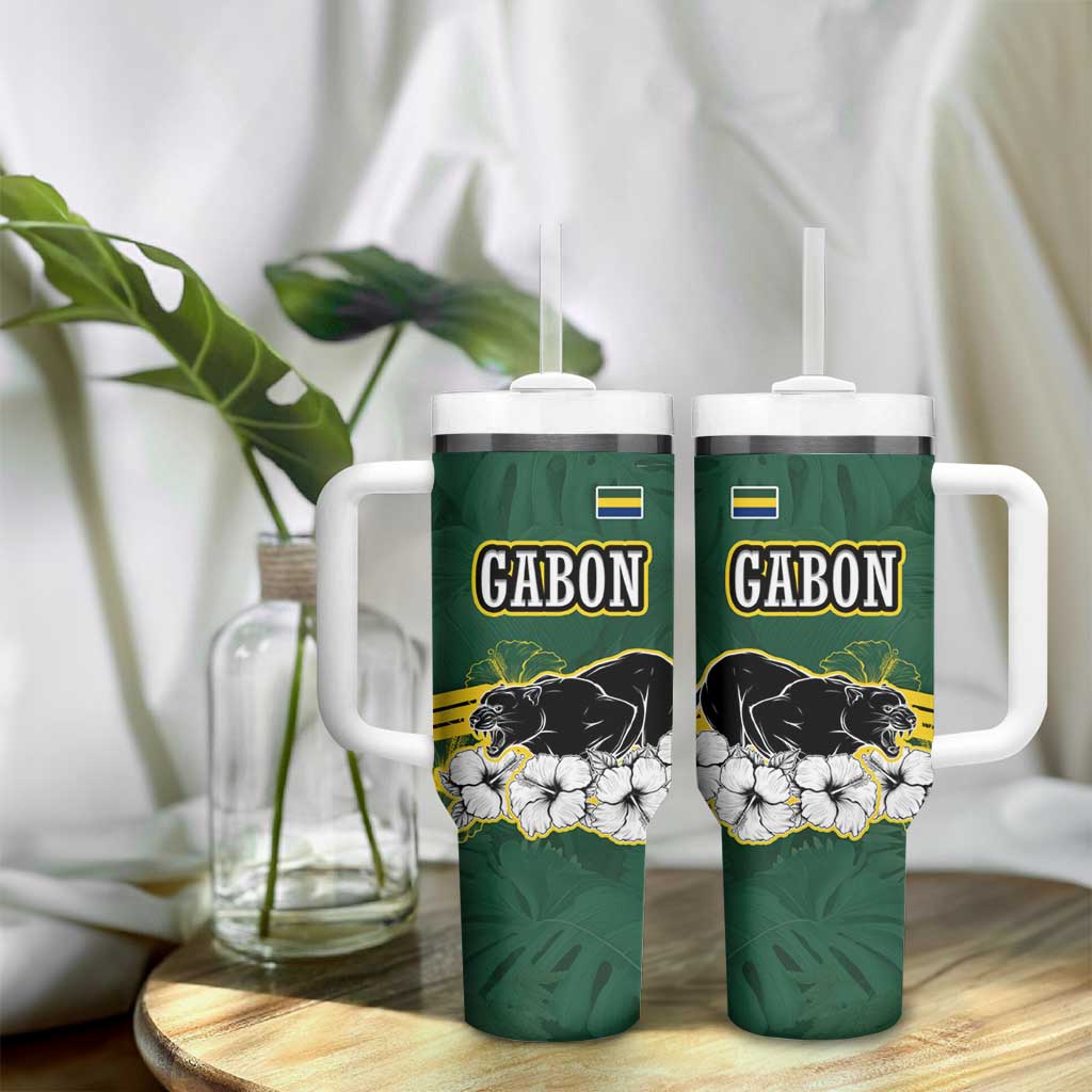 Gabon Tumbler With Handle - Black Panther Graphic and Hibiscus Flower Design in National Colors TS04