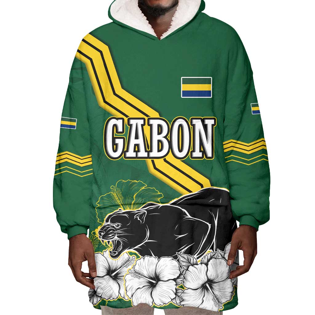 Gabon Wearable Blanket Hoodie - Black Panther Graphic and Hibiscus Flower Design in National Colors TS04