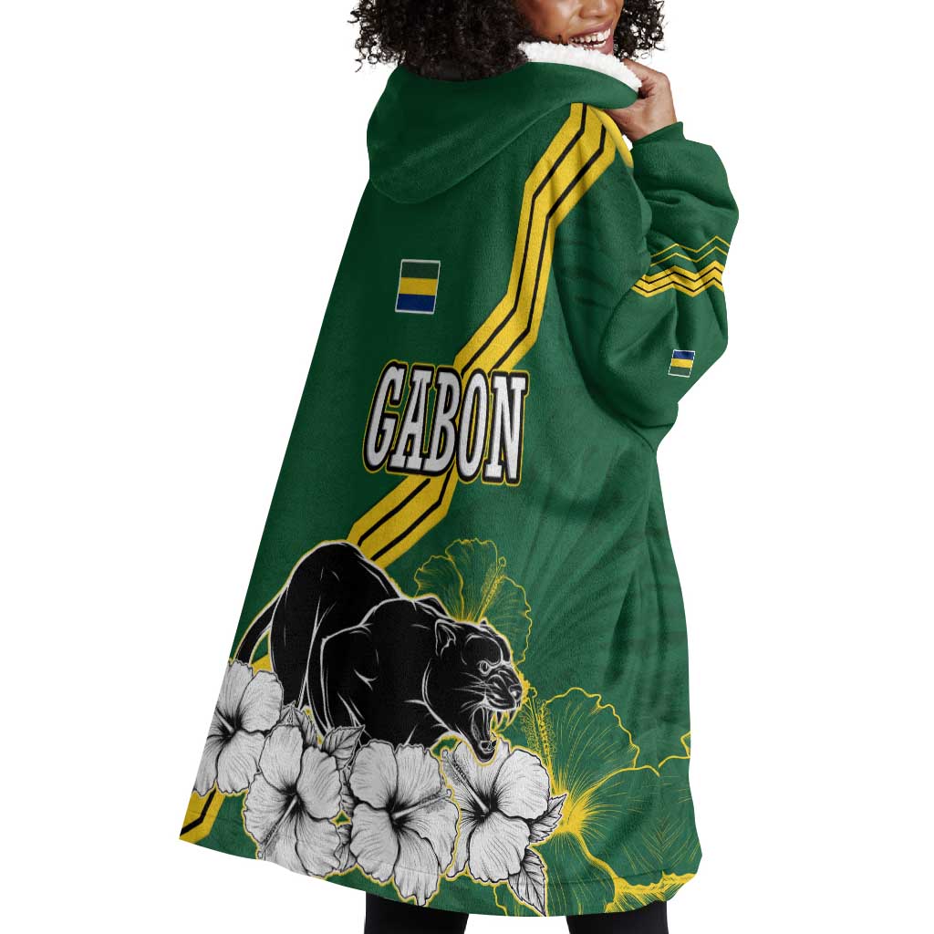 Gabon Wearable Blanket Hoodie - Black Panther Graphic and Hibiscus Flower Design in National Colors TS04