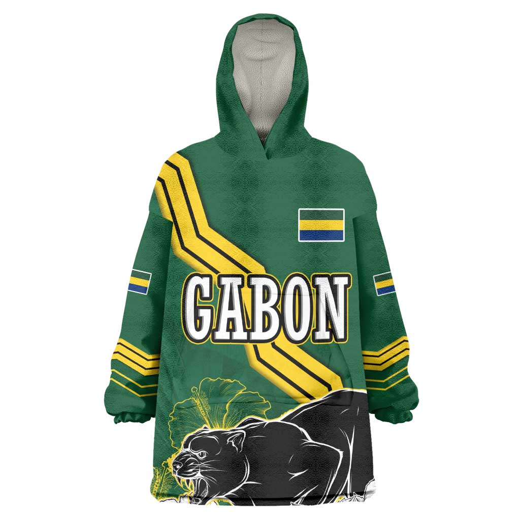 Gabon Wearable Blanket Hoodie - Black Panther Graphic and Hibiscus Flower Design in National Colors TS04