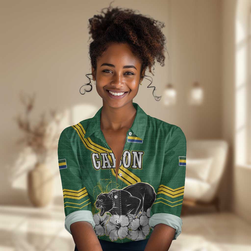 Gabon Women Casual Shirt - Black Panther Graphic and Hibiscus Flower Design in National Colors TS04