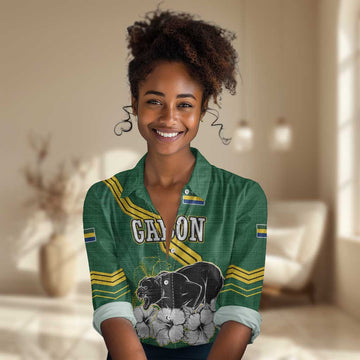 Gabon Women Casual Shirt - Black Panther Graphic and Hibiscus Flower Design in National Colors TS04