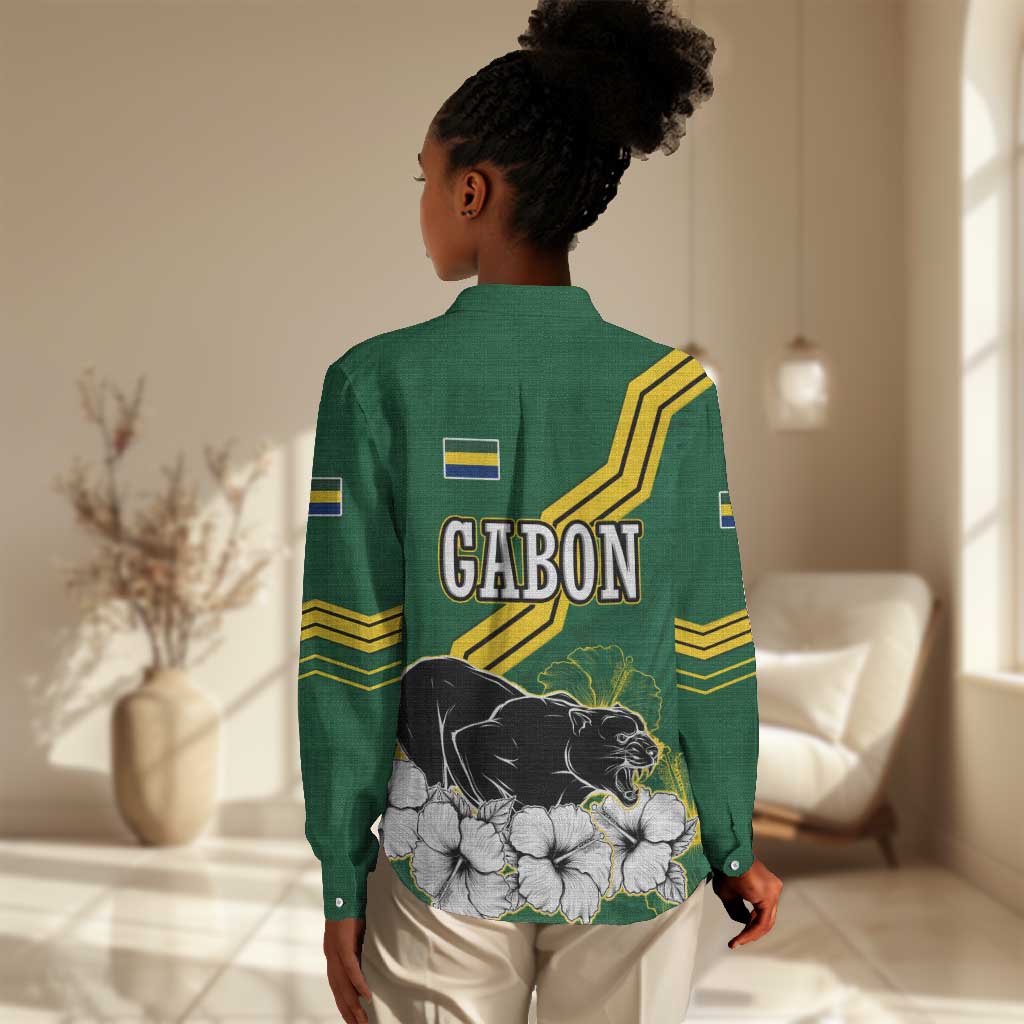 Gabon Women Casual Shirt - Black Panther Graphic and Hibiscus Flower Design in National Colors TS04