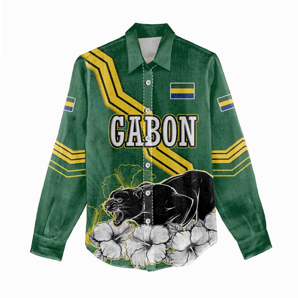 Gabon Women Casual Shirt - Black Panther Graphic and Hibiscus Flower Design in National Colors TS04