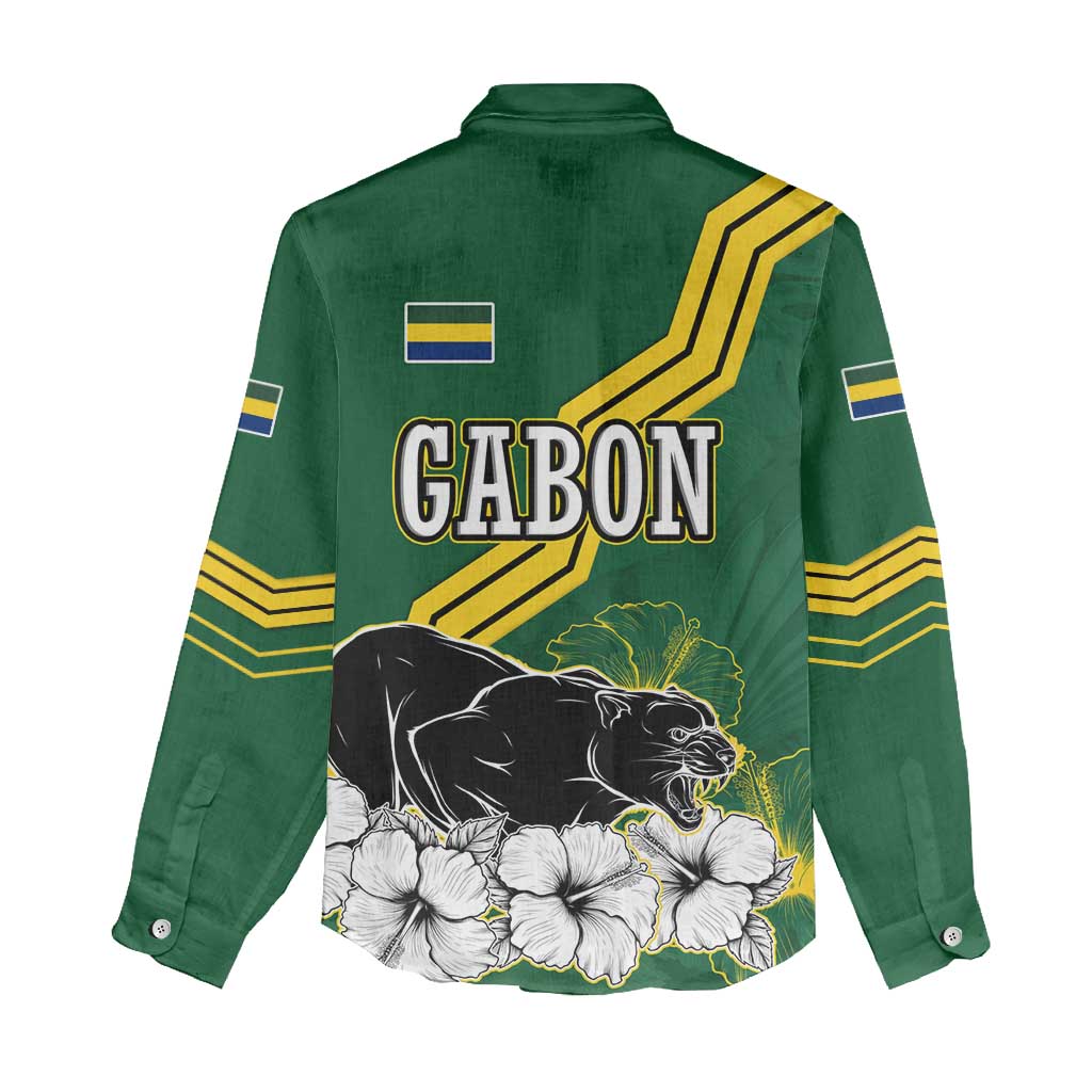 Gabon Women Casual Shirt - Black Panther Graphic and Hibiscus Flower Design in National Colors TS04