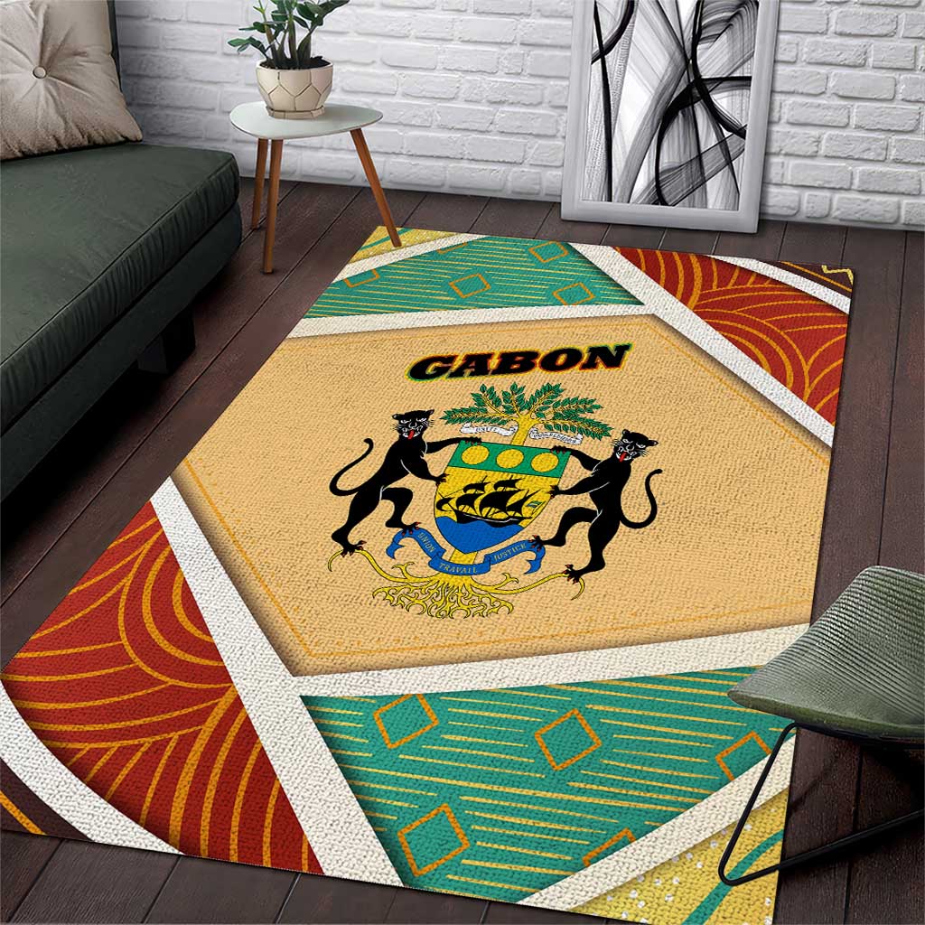 Gabon Area Rug - National Coat of Arms and Tribal Pattern Map Design in Bold Colors TS04