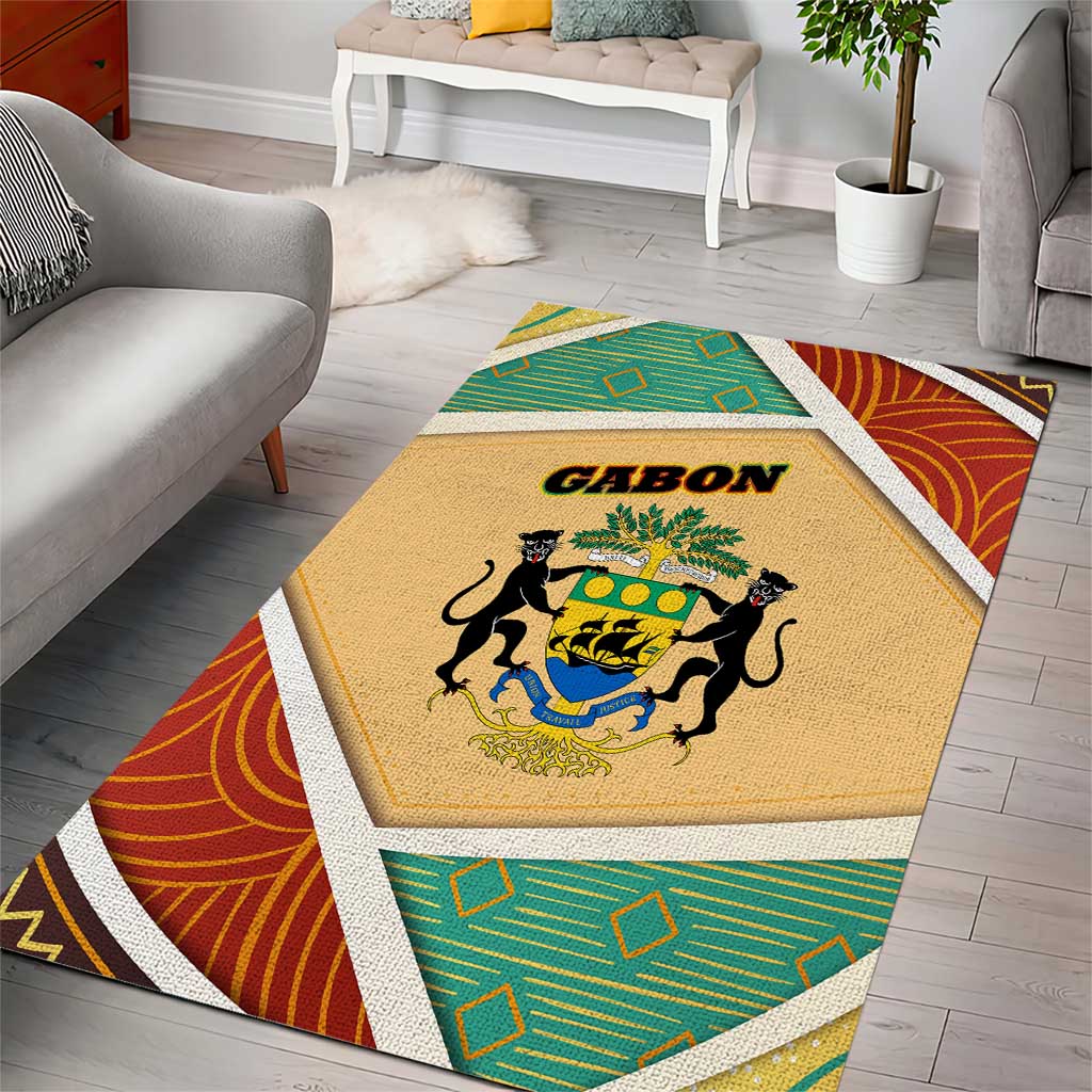 Gabon Area Rug - National Coat of Arms and Tribal Pattern Map Design in Bold Colors TS04