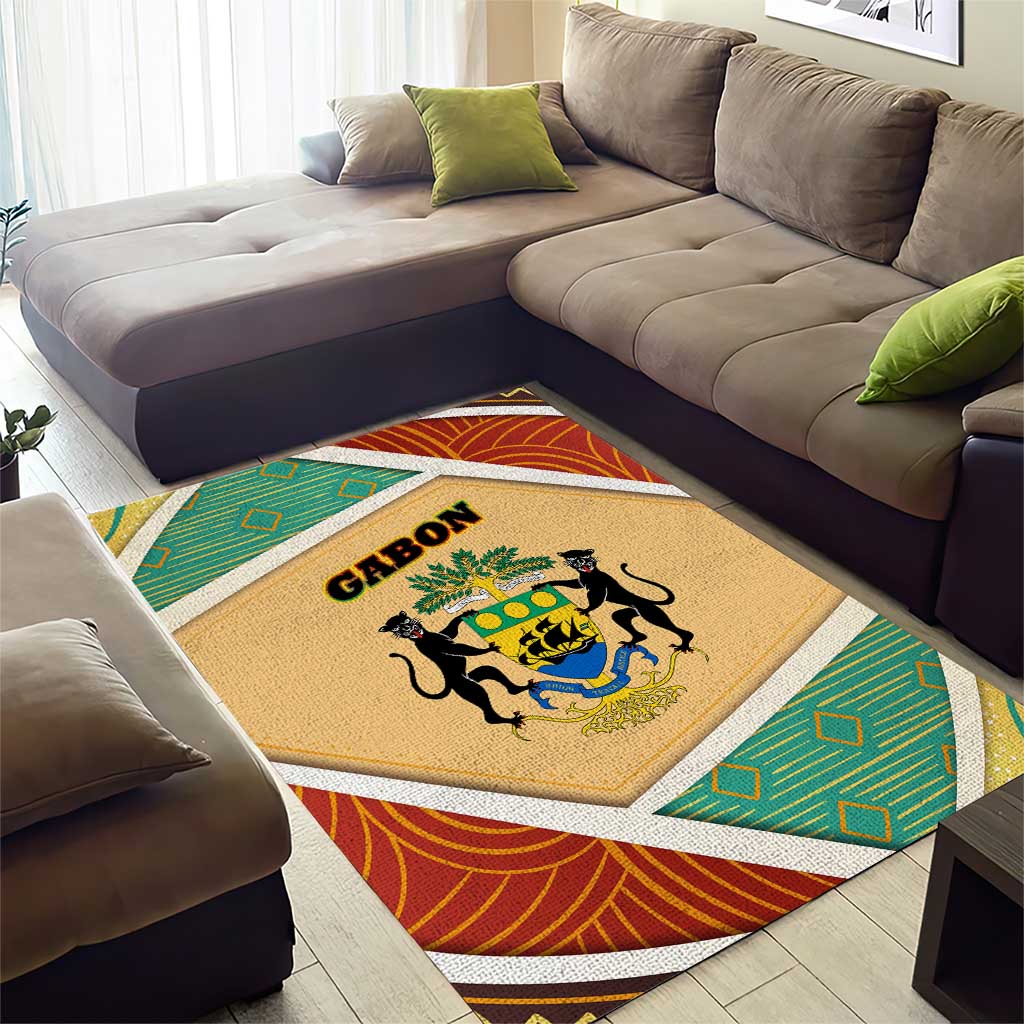 Gabon Area Rug - National Coat of Arms and Tribal Pattern Map Design in Bold Colors TS04