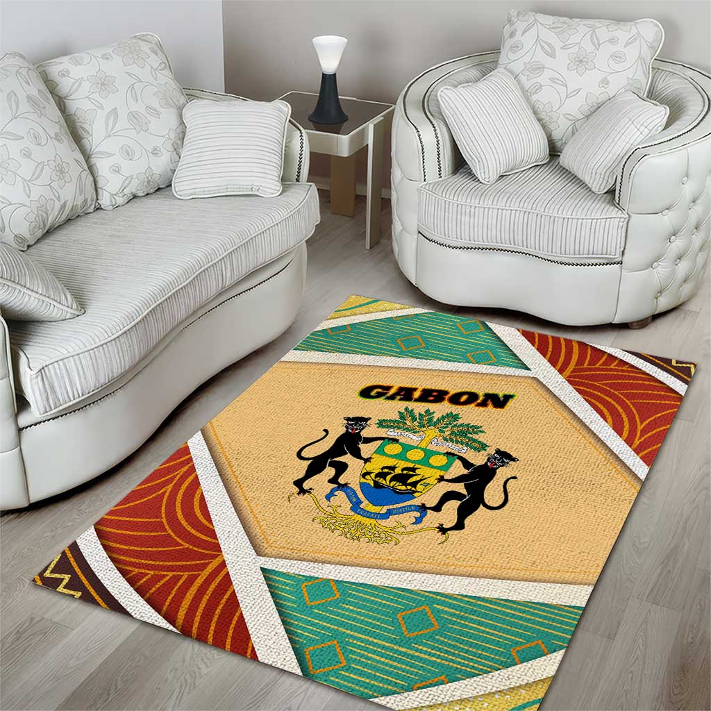 Gabon Area Rug - National Coat of Arms and Tribal Pattern Map Design in Bold Colors TS04