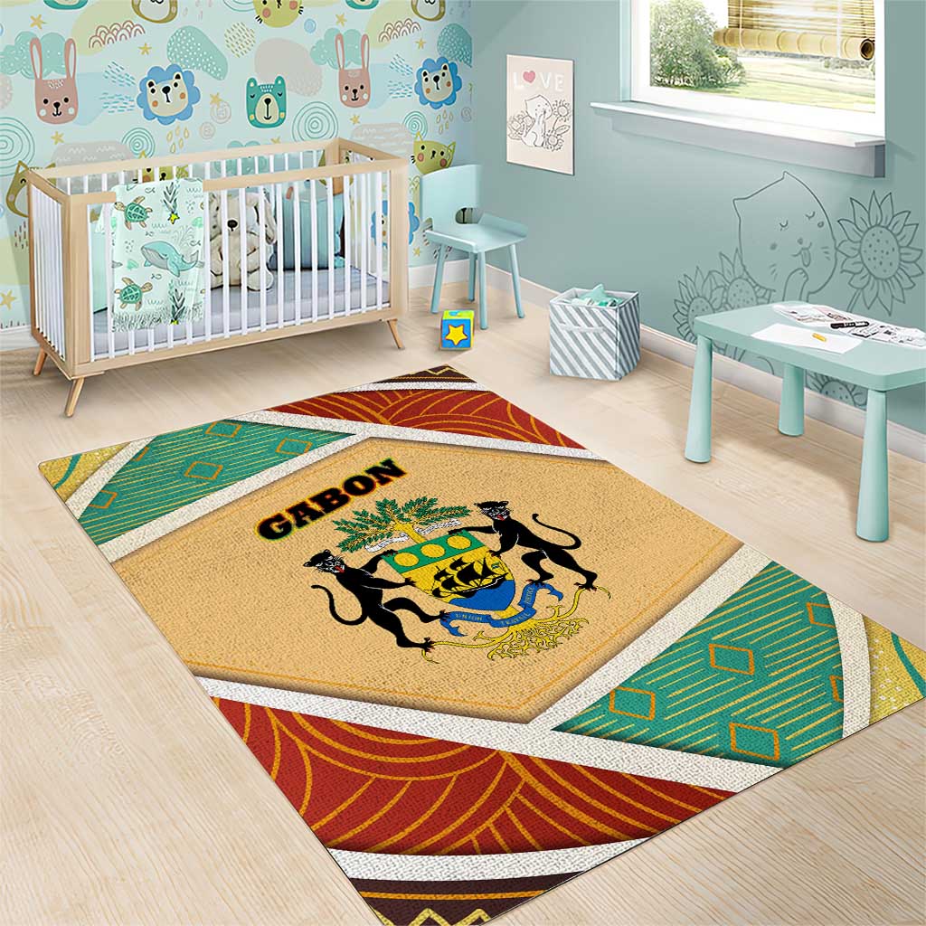 Gabon Area Rug - National Coat of Arms and Tribal Pattern Map Design in Bold Colors TS04