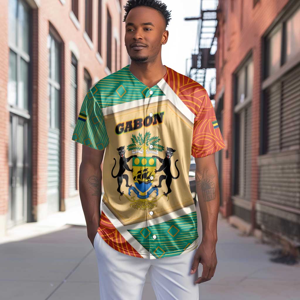 Gabon Baseball Jersey - National Coat of Arms and Tribal Pattern Map Design in Bold Colors TS04
