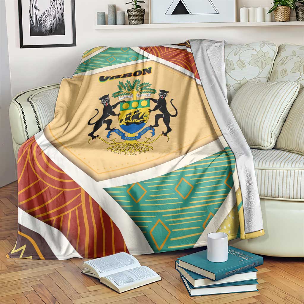 Gabon Blanket - National Coat of Arms and Tribal Pattern Map Design in Bold Colors TS04