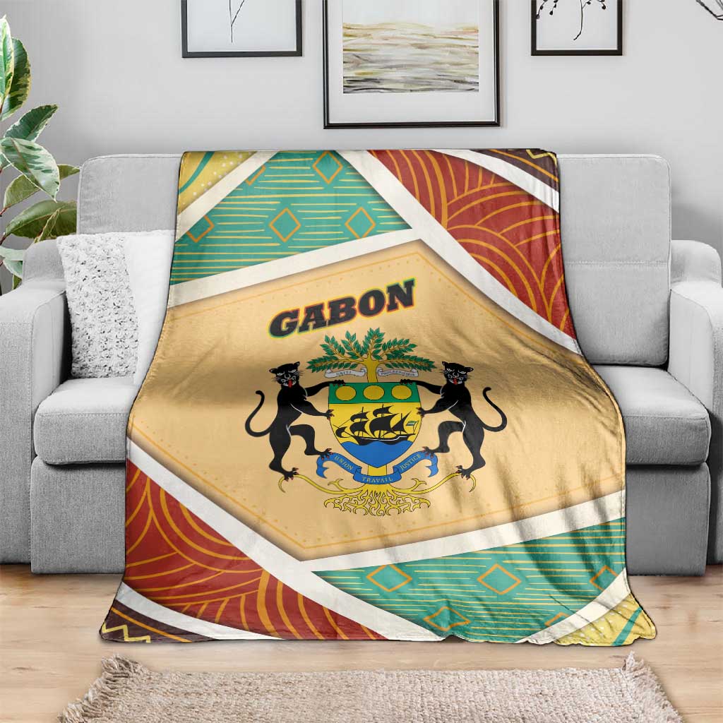 Gabon Blanket - National Coat of Arms and Tribal Pattern Map Design in Bold Colors TS04