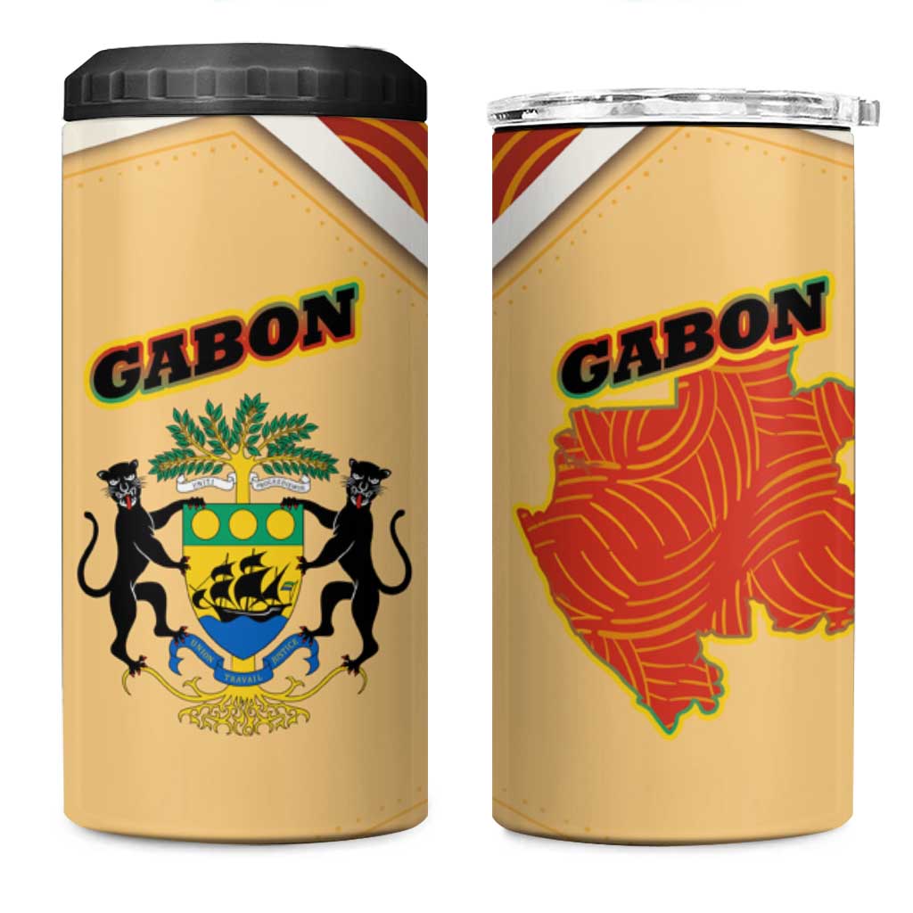 Gabon 4 in 1 Can Cooler Tumbler - National Coat of Arms and Tribal Pattern Map Design in Bold Colors TS04