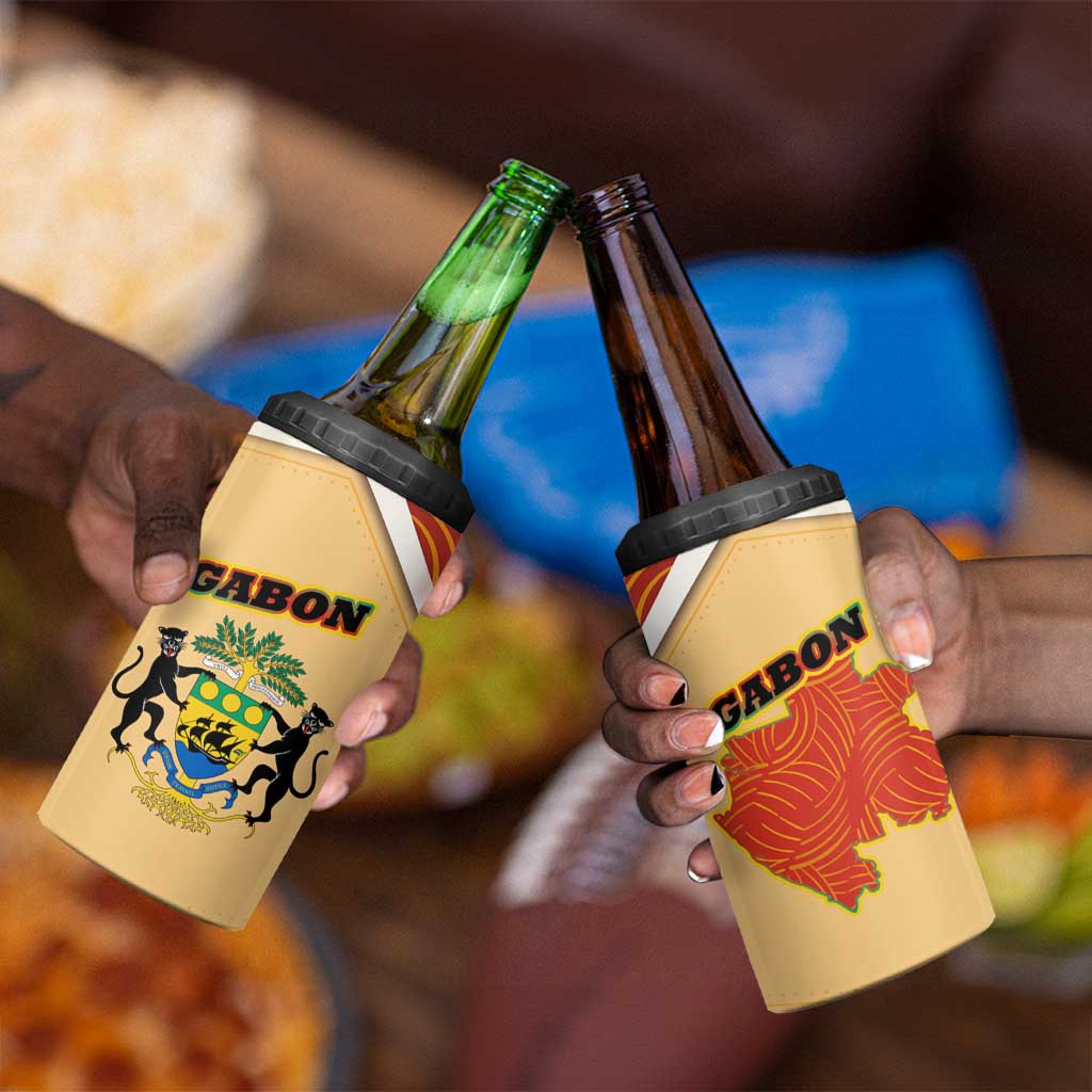Gabon 4 in 1 Can Cooler Tumbler - National Coat of Arms and Tribal Pattern Map Design in Bold Colors TS04