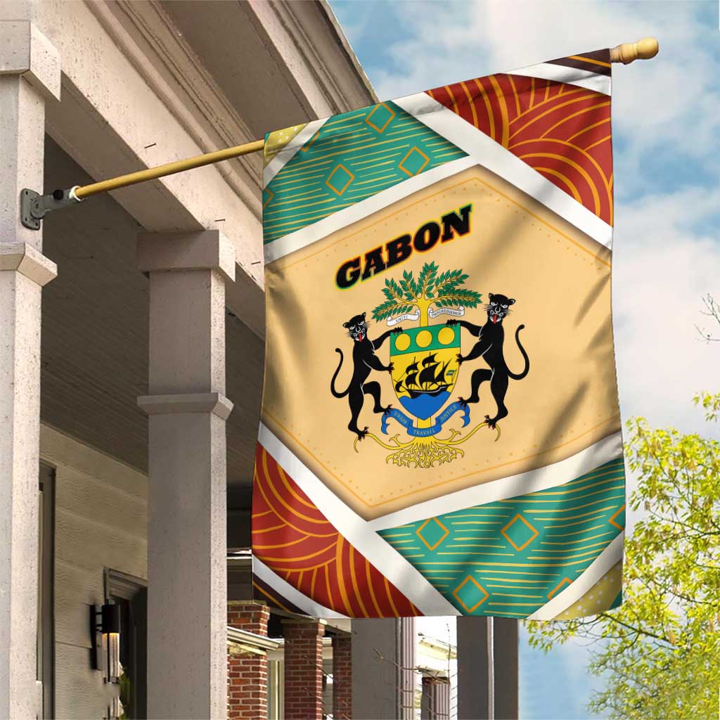 Gabon Garden Flag - National Coat of Arms and Tribal Pattern Map Design in Bold Colors TS04