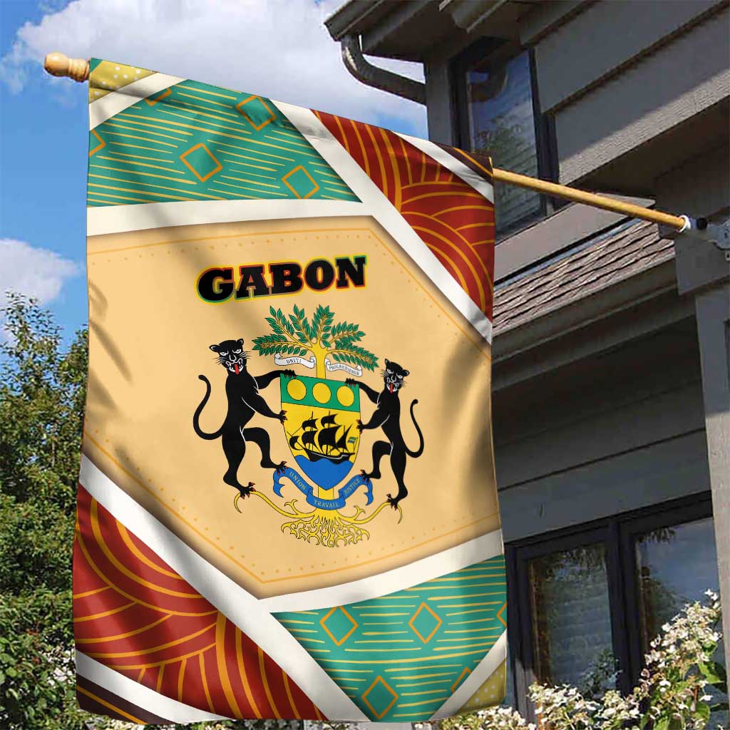 Gabon Garden Flag - National Coat of Arms and Tribal Pattern Map Design in Bold Colors TS04