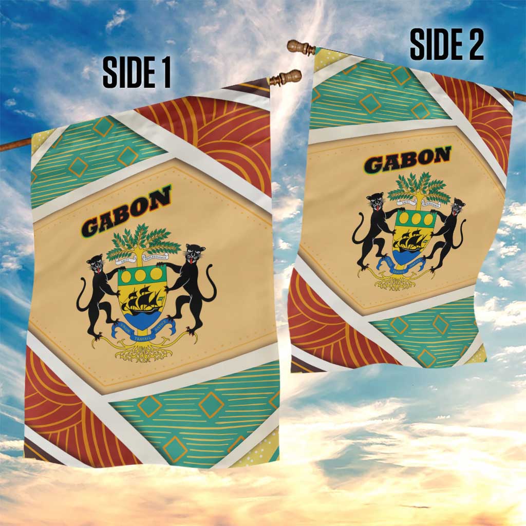 Gabon Garden Flag - National Coat of Arms and Tribal Pattern Map Design in Bold Colors TS04