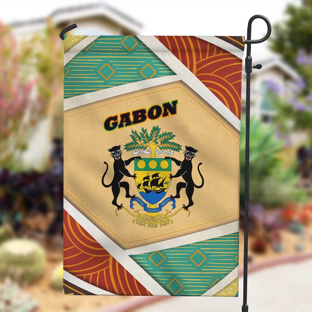 Gabon Garden Flag - National Coat of Arms and Tribal Pattern Map Design in Bold Colors TS04