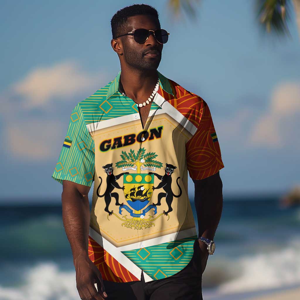 Gabon Hawaiian Shirt - National Coat of Arms and Tribal Pattern Map Design in Bold Colors TS04