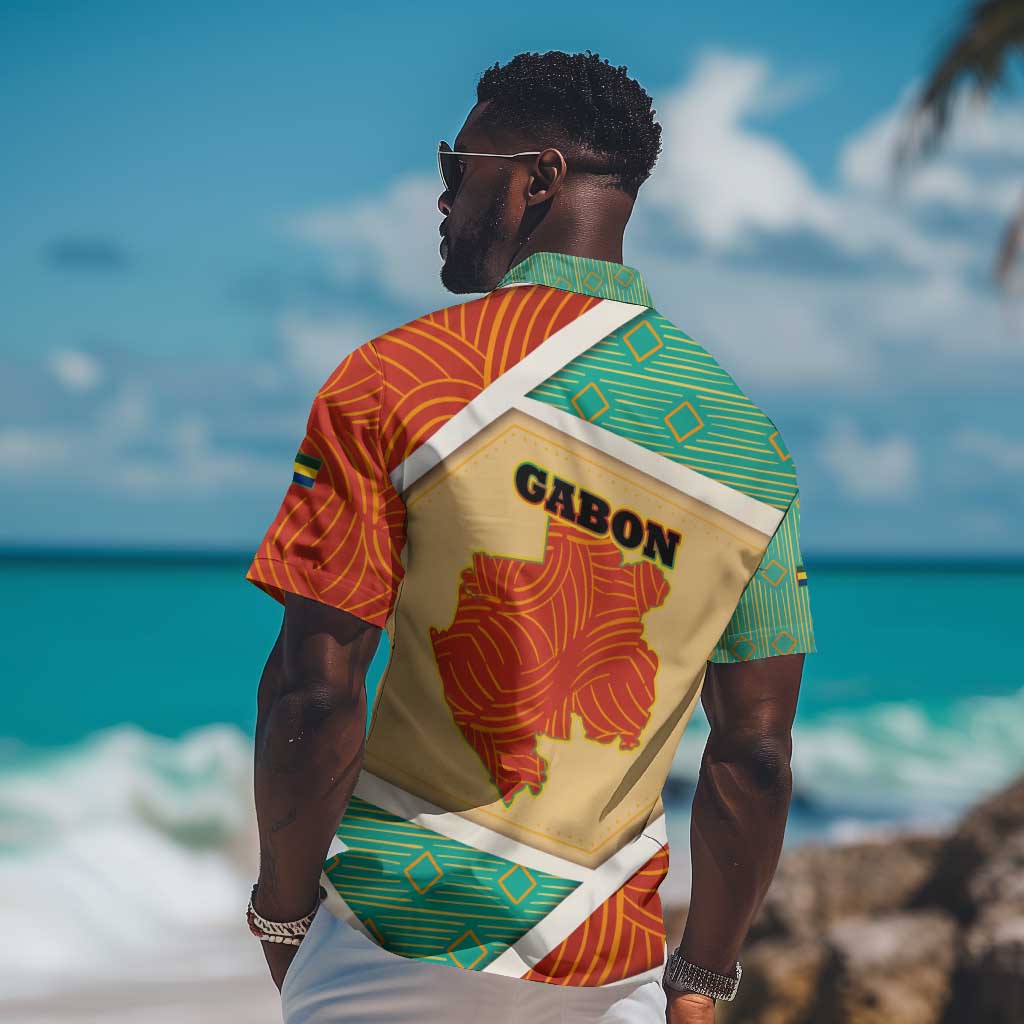 Gabon Hawaiian Shirt - National Coat of Arms and Tribal Pattern Map Design in Bold Colors TS04