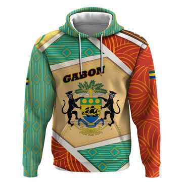 Gabon Hoodie with National Coat of Arms and Tribal Pattern Map Design in Bold Colors TS04