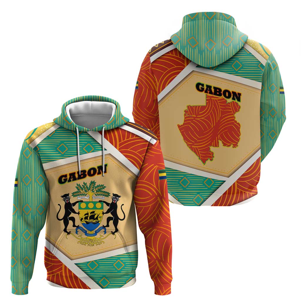 Gabon Hoodie with National Coat of Arms and Tribal Pattern Map Design in Bold Colors TS04