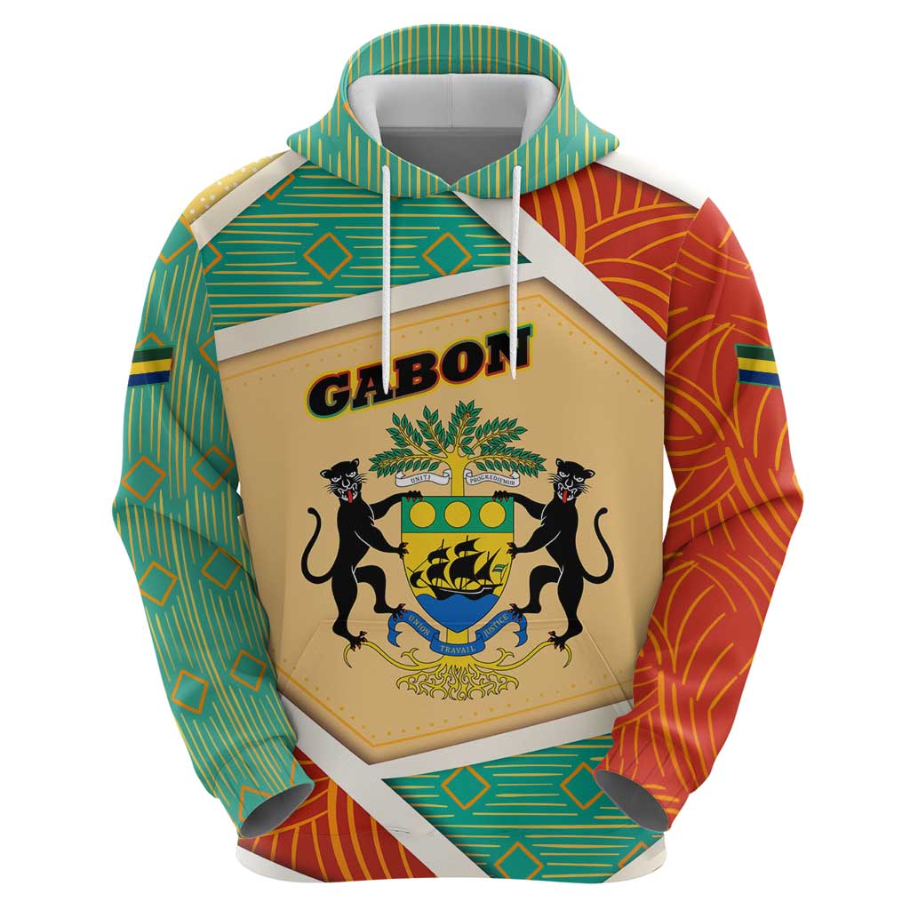 Gabon Hoodie with National Coat of Arms and Tribal Pattern Map Design in Bold Colors TS04