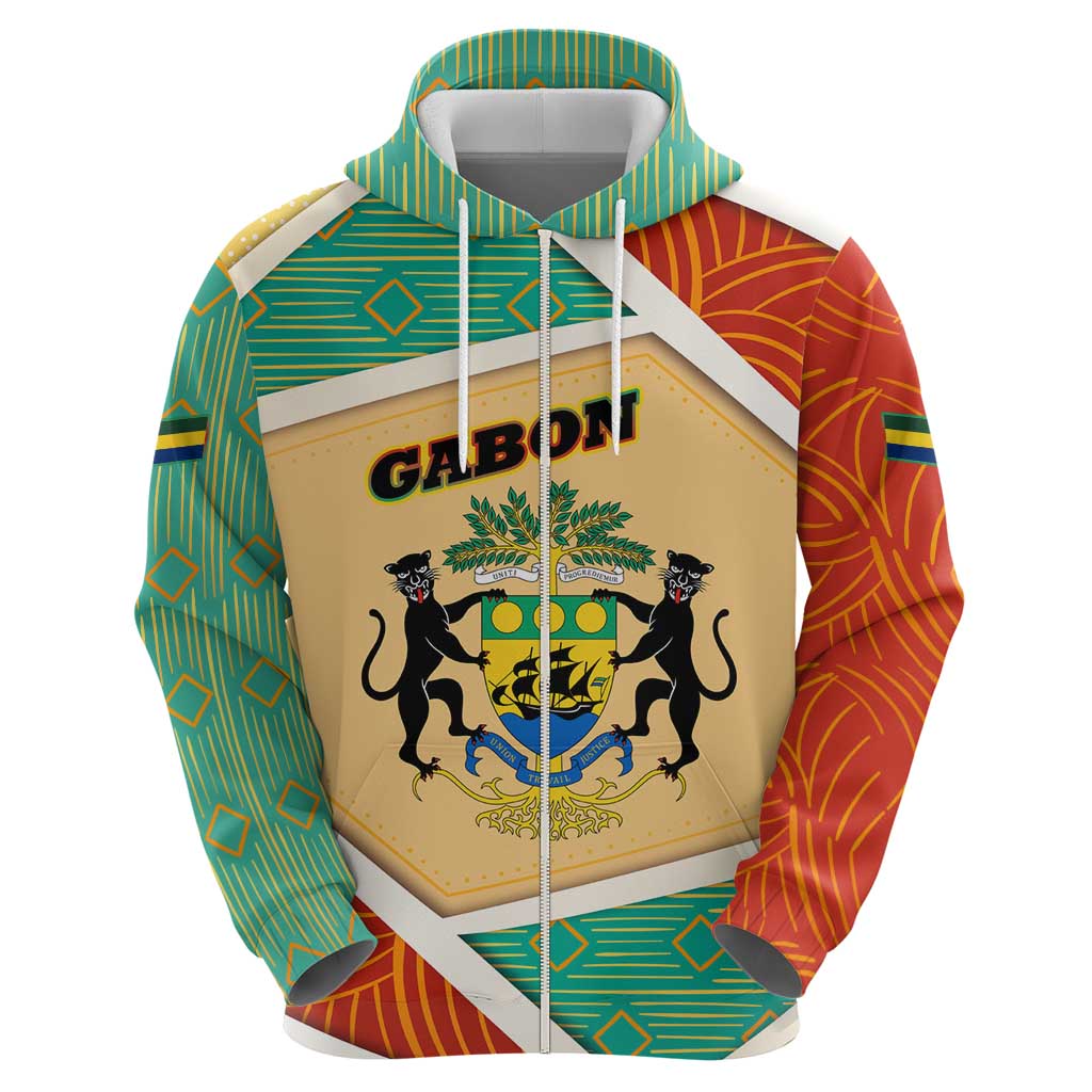 Gabon Hoodie with National Coat of Arms and Tribal Pattern Map Design in Bold Colors TS04