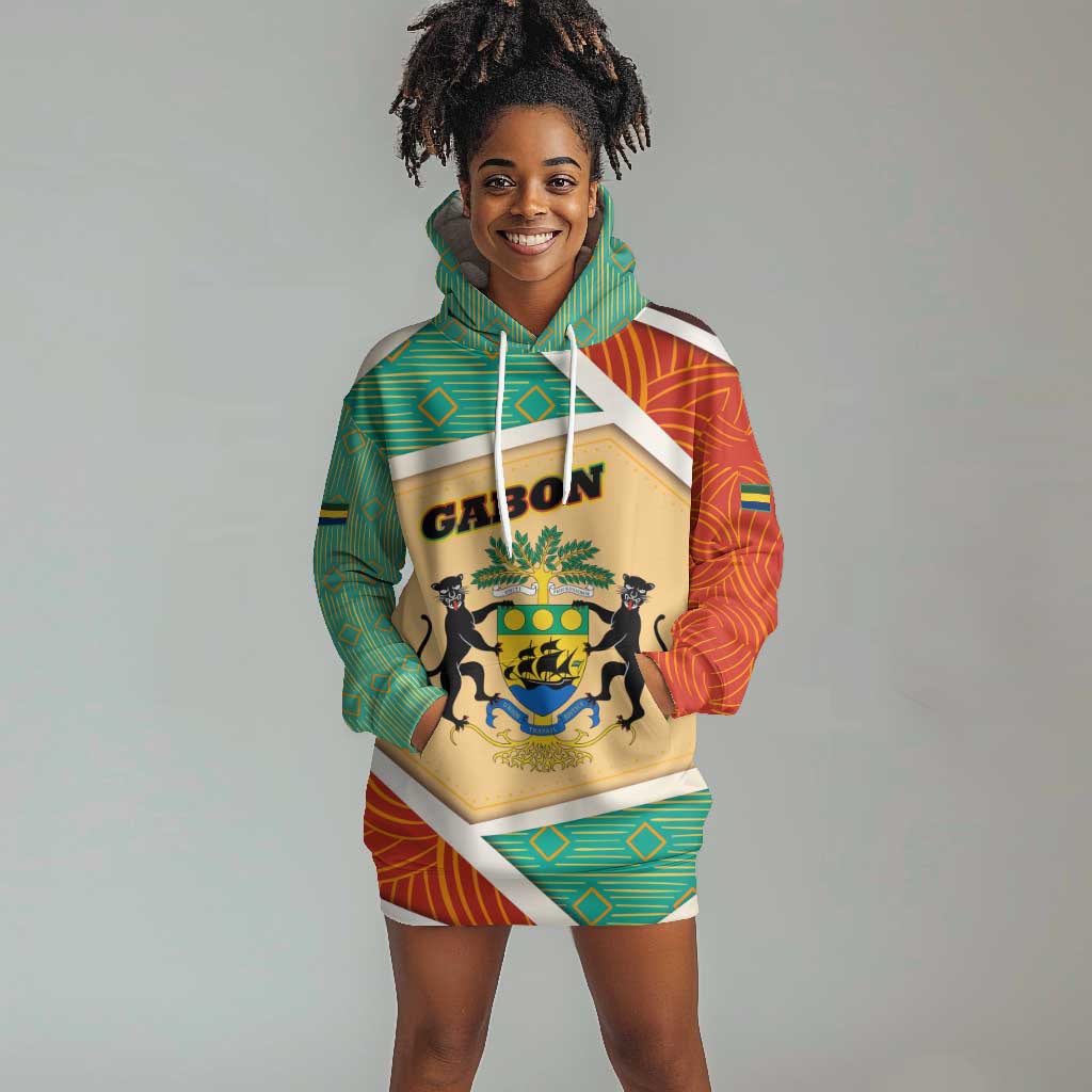 Gabon Hoodie Dress - National Coat of Arms and Tribal Pattern Map Design in Bold Colors TS04