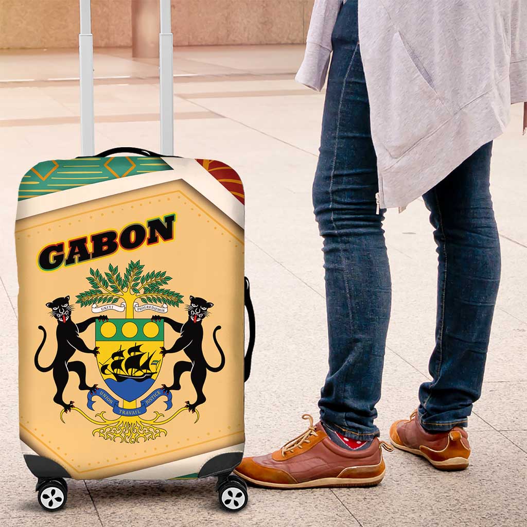Gabon Luggage Cover with National Coat of Arms and Tribal Pattern Map Design in Bold Colors TS04