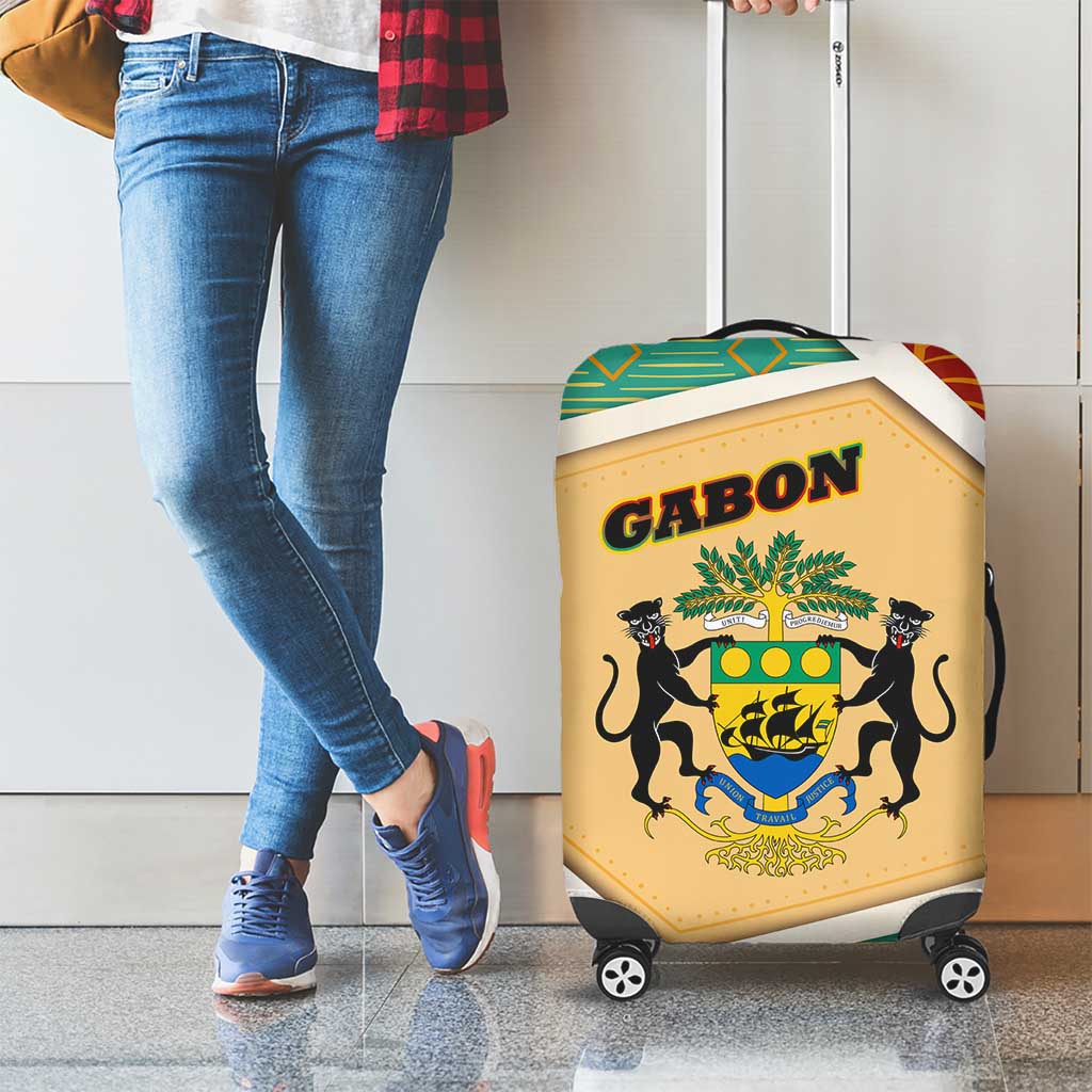 Gabon Luggage Cover with National Coat of Arms and Tribal Pattern Map Design in Bold Colors TS04