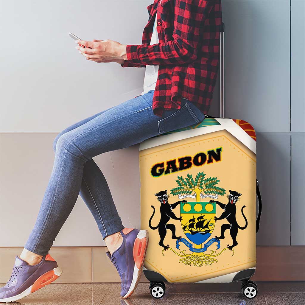 Gabon Luggage Cover with National Coat of Arms and Tribal Pattern Map Design in Bold Colors TS04