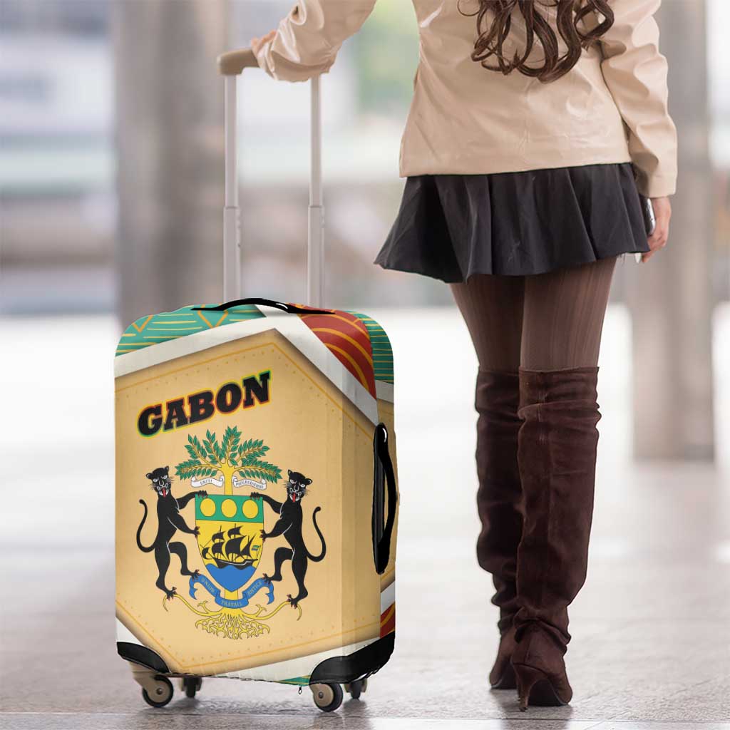 Gabon Luggage Cover with National Coat of Arms and Tribal Pattern Map Design in Bold Colors TS04