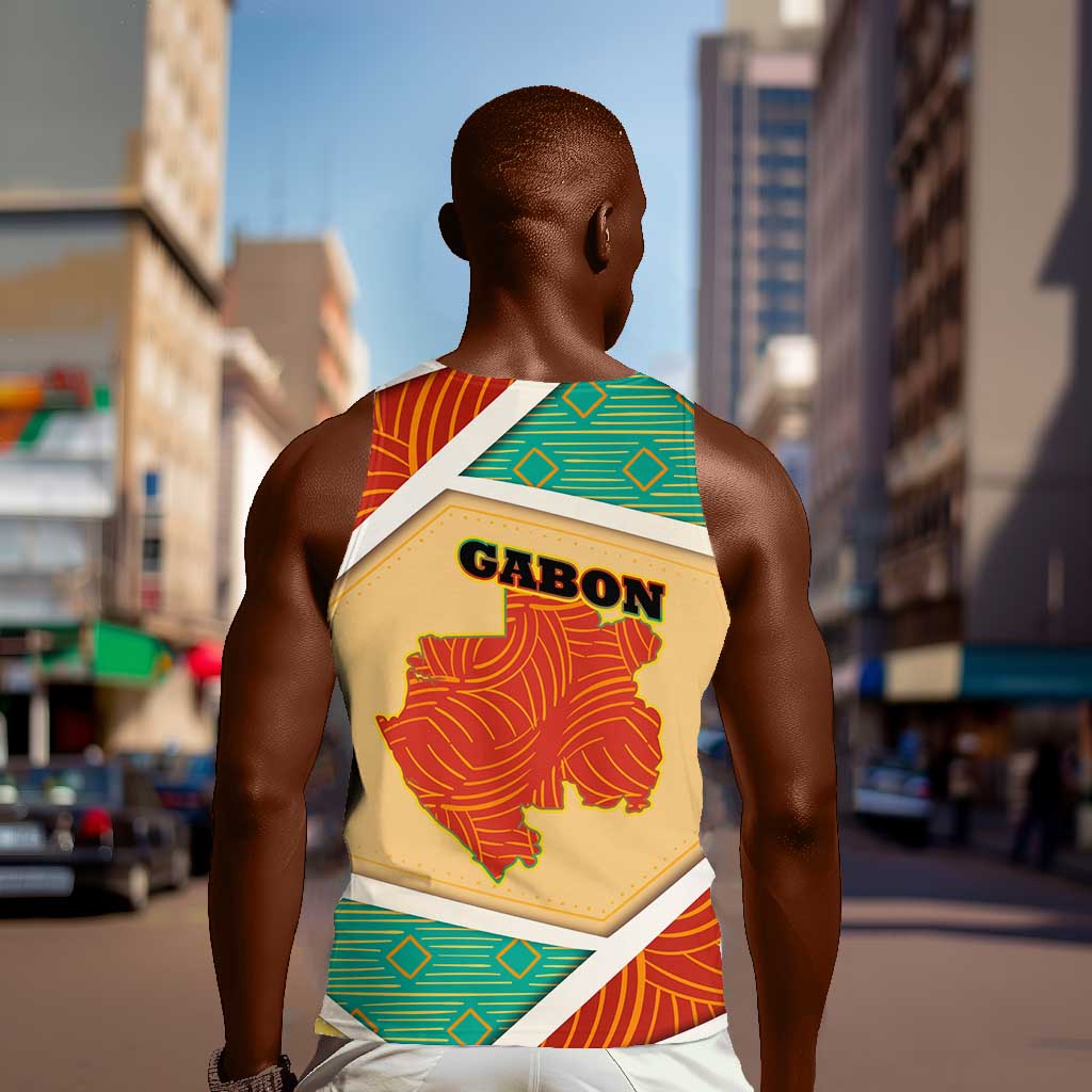 Gabon Men Tank Top - National Coat of Arms and Tribal Pattern Map Design in Bold Colors TS04